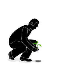 a man caring for the growth of a plant. ecology of the earth. vector illustration.