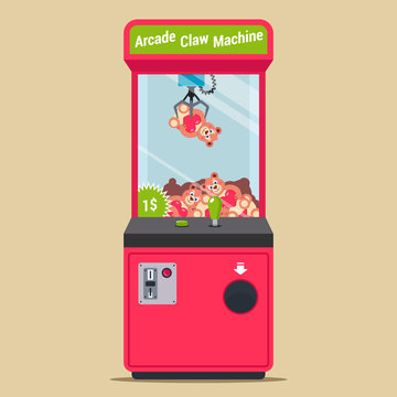 arcade with a hook and plush toys. machine in a shopping center for children. flat vector illustration.