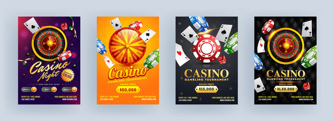 Casino Gambling Tournament and Casino Night Template or Flyer Design in Different Abstract Background.