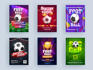 Football Championship League and Soccer Tournament Template or Flyer Design Set with Golden Trophy Cup, Crown.