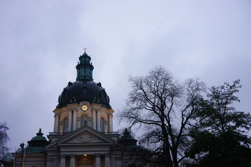 Church in central Stockholm during a gloomy fall night