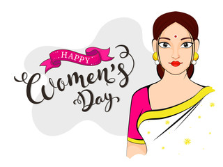 Calligraphy Happy Women's Day Text with Beautiful Indian Woman on White Background.