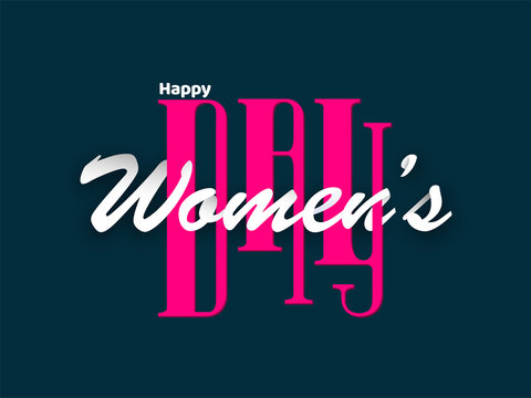 Happy Women's Day Font in White and Pink Color on Blue Background.