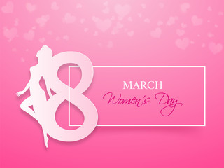Paper Cut Style 8 March Text with Silhouette Woman on Pink Hearts Background for Women's Day Celebration Concept.