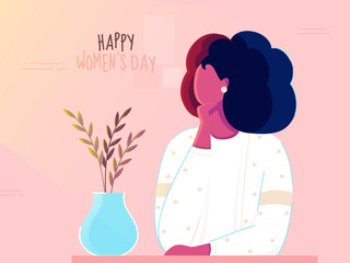 Faceless Young Woman with Plant Vase on Pink Background for Happy Women's Day.