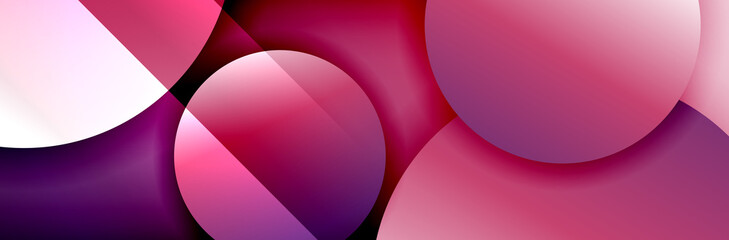 Dynamic trendy geometrical abstract background. Circles, round shapes 3d shadow effects and fluid gradients. Modern overlapping round forms