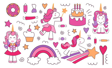 Set of Cute Cartoon Unicorns isolated on a white background