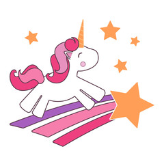 Cheerful pink unicorn with balloon isolated on white background