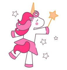 Beautiful and cute unicorn baby in a pink skirt fulfills a wish with a magic wand on a white background isolated