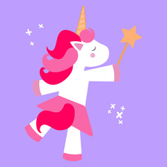 Beautiful and cute unicorn baby in a pink skirt fulfills a wish with a magic wand on a purple background isolated