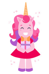 Vector illustration of a cheerful white unicorn with a gift
