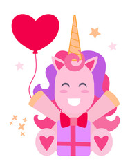 Vector illustration of a cheerful pink unicorn with a gift.