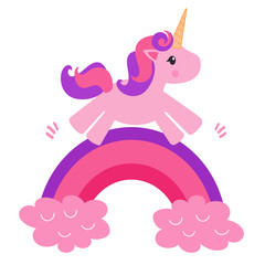 Beautiful and cute pink unicorn kid jumps on a rainbow among the stars on a white background isolated