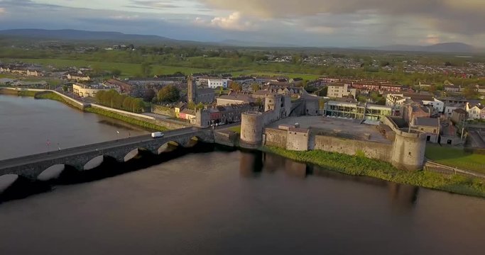 King John castle aerial view at sunset. Limerick, Ireland. May 2019