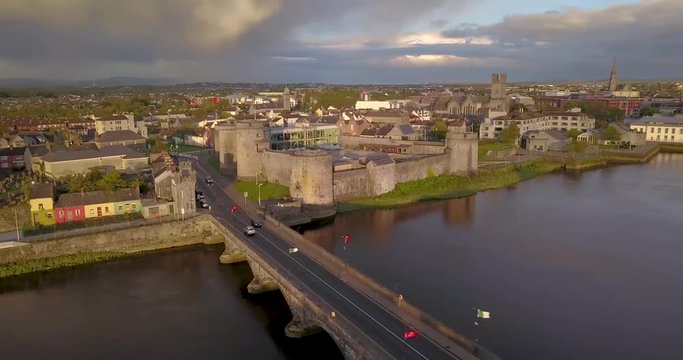 King John castle aerial view at sunset. Limerick, Ireland. May 2019