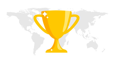 World leadership. Winner podium with cup for the first place. Pedestal winner against the background of a world map. Gold cup on a pedestal.