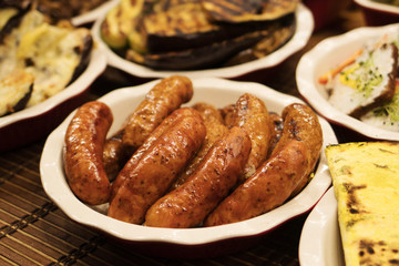 Street food at the fair homemade grilled sausages