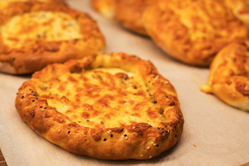 Street food at the hachapuri fair with cheese