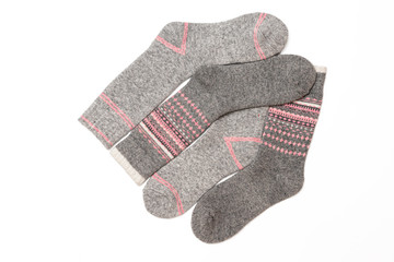 Set of colorful women's socks, isolate on a white background/ Flat lay/ Top view