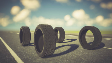 Obraz na płótnie Canvas Wheels on Road, Wheel Advertisement Concept, 3D Rendering