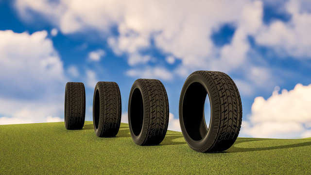 Wheels on Grass, Eco Wheel Advertisement Concept, 3D Rendering