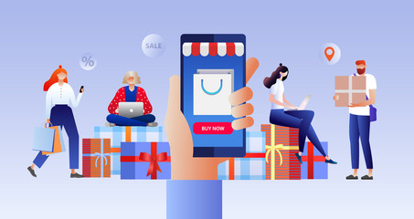 Online shopping. Discount sale concept with characters. Black Friday, seasonal offers, holiday shopping. Can use for web banner, infographics, hero images. Vector illustration