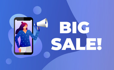 Big sale vector illustration with character. Girl shout on megaphone with big sale words. Can use for landing page template, ui, web, mobile app, poster, banner, flyer