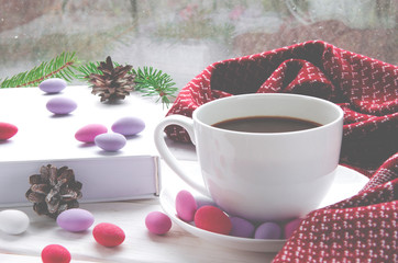 Cozy home still life: cup of hot coffee and opened book with warm plaid on windowsill against snow landscape outside