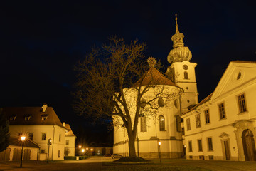 Night view of Brevnov monatery in Prague, Czech Republic. Benedictine Archabbey of St Adalbert and...
