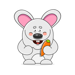 Cartoon Happy Rabbit Holding Carrot On White Background Suitable For Greeting Card, Poster Or T-shirt Printing.