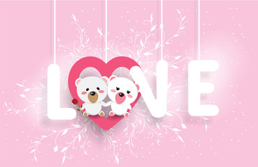 Bear lovers hold hands in a pink heart shaped swing that reads Love, valentine's day,wedding