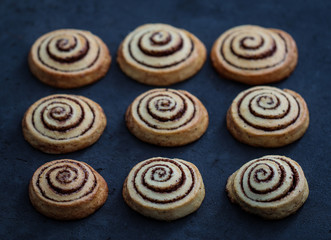 Cookies twisted with cinnamon and milk festive on a dark background, Christmas and New Year