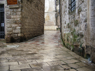 street of the old town of Kotor during the rain, montenegro