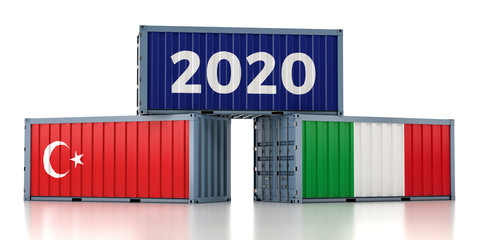 Year 2020 - Freight container with Turkey and Italy flag. 3D Rendering