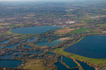 Aerial view of King George VI and Wraysbury Reservoirs, Heathrow Airport, London, UK