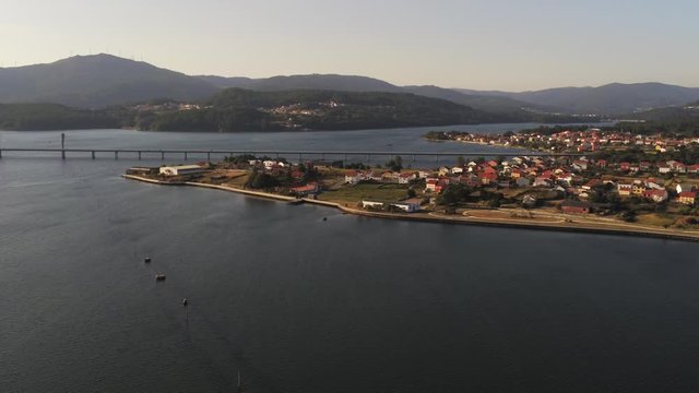 Noia City, Galicia Spain, Aerial Panoramic View on Puente Ria Bridge Over Enseada de Bogalleira and Coastline
