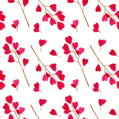 Watercolor pink heart shape leaves on branch. Hand drawn floral seamless pattern isolated on white background. Good for wedding or valentines day design.