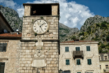 Fototapeta na wymiar Clock Tower inside the old town of Kotor in Montenegro.