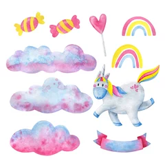 Zelfklevend Fotobehang Wolken Witte eenhoorn, roze wolken, regenboog, snoep, reeks leuke illustraties. Aquarel sprookje elementen geïsoleerd op een witte achtergrond