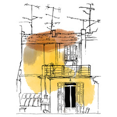 Postcard sketch of authentic house with antennas. Vector print