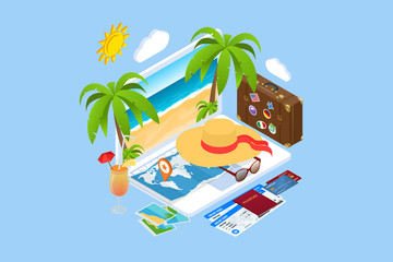 Isometric Tourism and Booking App concept. Travel equipment and luggage on a mobile laptop touch screen. Travel and tourism background.