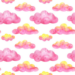 A pattern of multicolored clouds. Pink, yellow. The background Fairy-tale sky.Watercolor illustrations isolated on white background. Cute print