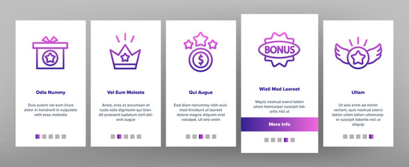 Bonus Loyalty Onboarding Mobile App Page Screen Vector. Dollar Mark On Rocket, Coins And Credit Card, Present Box And Crown Bonus Illustrations