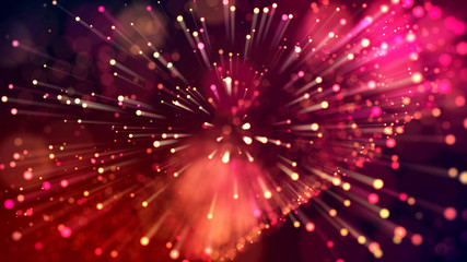 Fototapeta na wymiar 3d abstract beautiful background with light rays colorful glowing particles, depth of field, bokeh. Abstract explosion of multicolored shiny particles or light rays like laser show.