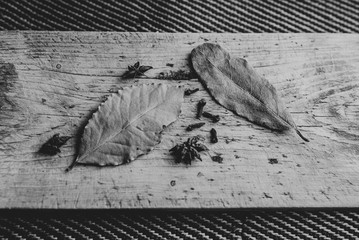 Herbal and black tea leaves decorating a wooden board