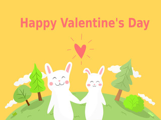 Couple rabbit is holding hand with pink heart symbol  nature scene and yellow sky , Valentine’s Day concept