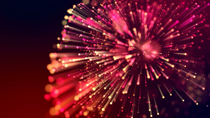 3d abstract beautiful background with light rays colorful glowing particles, depth of field, bokeh. Abstract explosion of multicolored shiny particles or light rays like laser show.