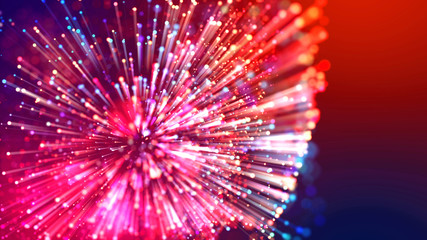 Abstract explosion of multicolored shiny particles like sparkles with light rays like laser show. 3d abstract background with light rays colorful glowing particles, depth of field, bokeh.