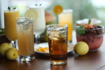 Fresh and cold Ice tea with blurred background