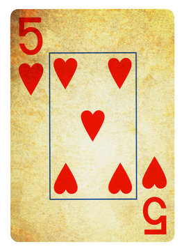 Five of Hearts Vintage playing card - isolated on white (clipping path included)